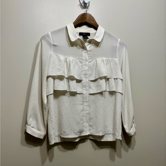 Miki Tops - ✨$8 CLEAR-OUT✨ Miki Ruffle Long Sleeve Preppy Button Down Blouse Shirt Top White